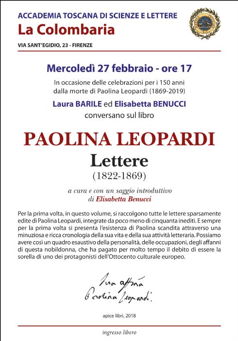 "Le Lettere di Paolina Leopardi" alla Colombaria
